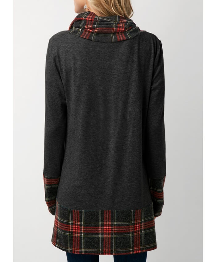 Plaid Cowl Neck Patchwork Dark Grey T Shirt